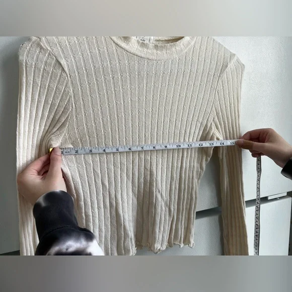 CLEARANCE Women’s Ribbed Cream Colored Long Sleeve Lettuce Trim Shirt - Picture 3 of 6